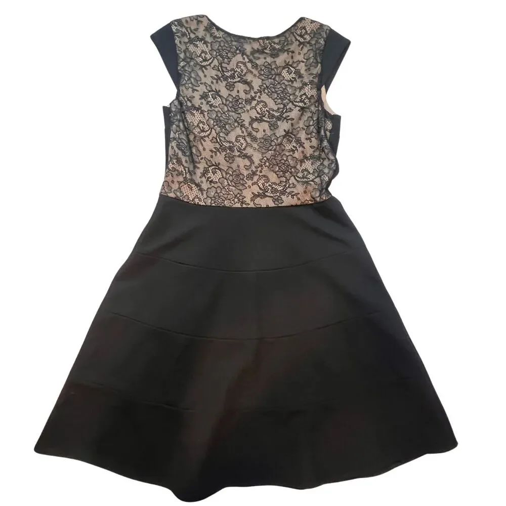 Betsy Johnson Cocktail Dress 10 Black Floral Lace Cap Sleeve Asymmetrical Flare - Picture 5 of 11